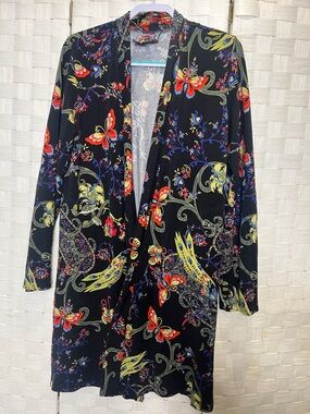 Johnny Was Butterfly Floral Duster Kimono Black Boho Open Front Cardigan M